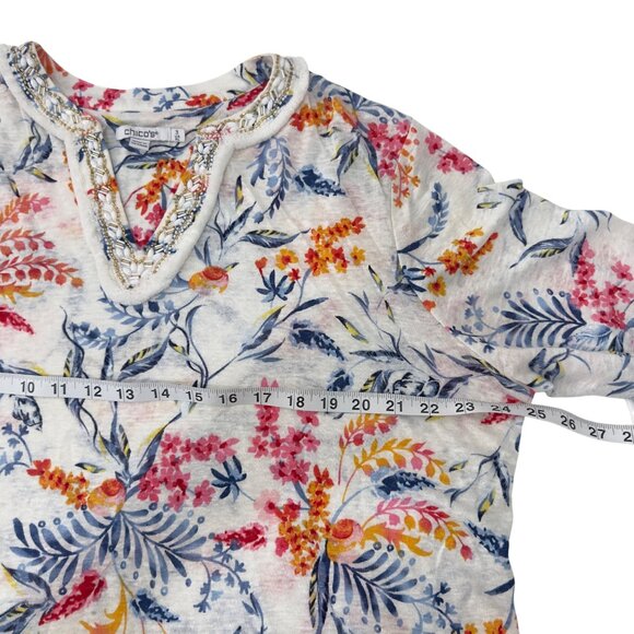 Chicos SZ 3 US XL Womens Nautical Floral Linen Tunic Top With Embellished Collar - Picture 8 of 16